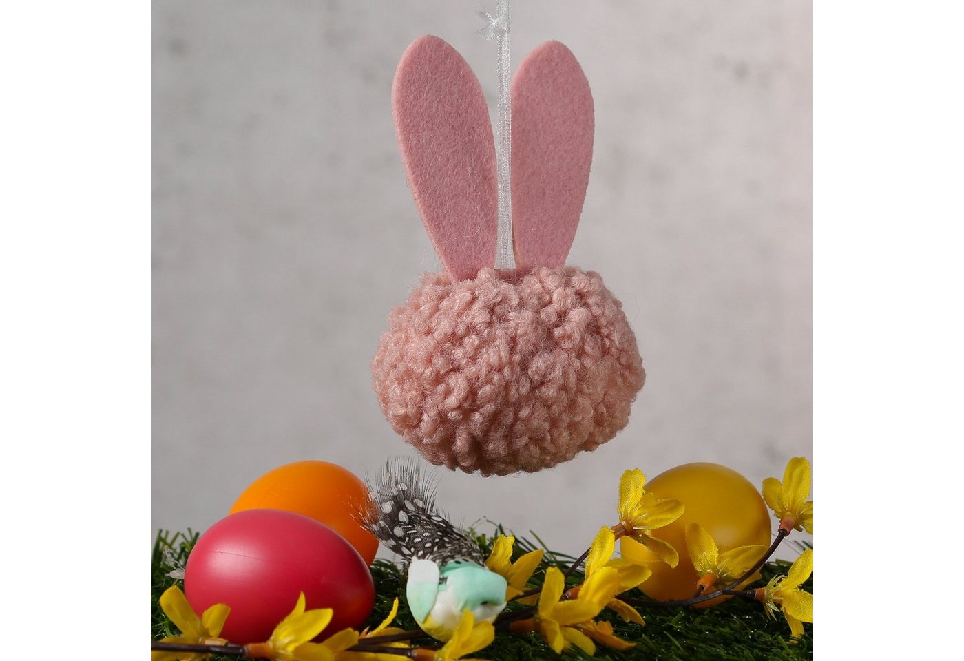 MARELIDA Osterhase Pompom Puschel Filzohren Ostern H: 12cm hängend Dekofigur rosa (1 St) von MARELIDA