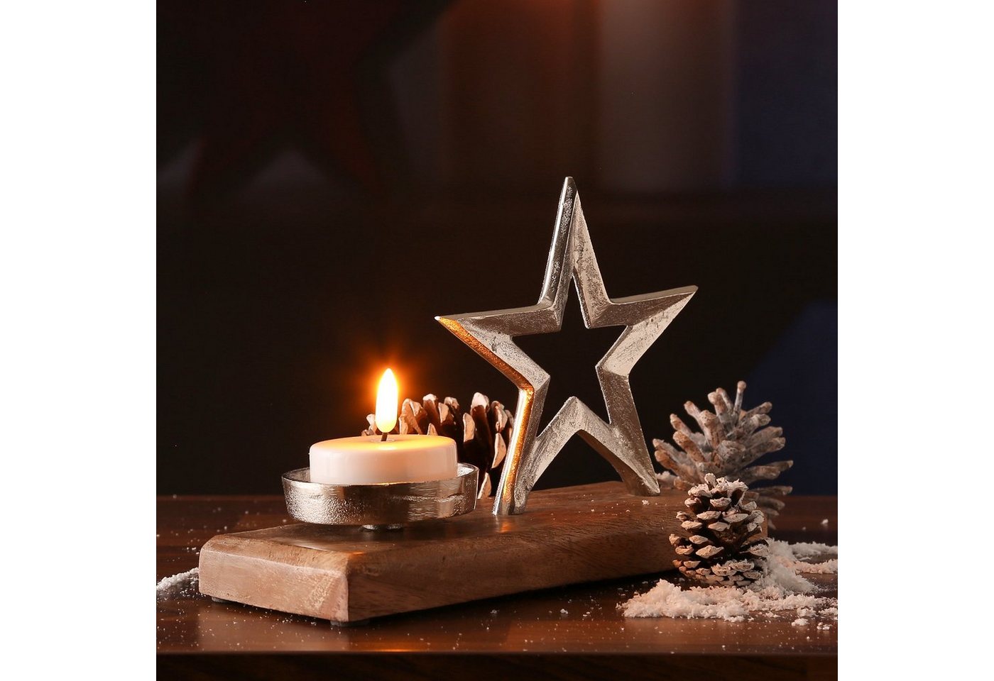 MARELIDA Teelichthalter Teelichthalter STERN Kerzenhalter Alu Mangoholzsockel Weihnachten (1 St) von MARELIDA