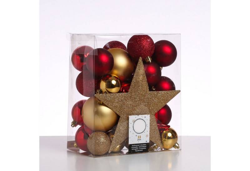 MARELIDA Weihnachtsbaumkugel Christbaumkugeln Weihnachtskugeln mit Stern Baumspitze gold rot 33St (33 St) von MARELIDA
