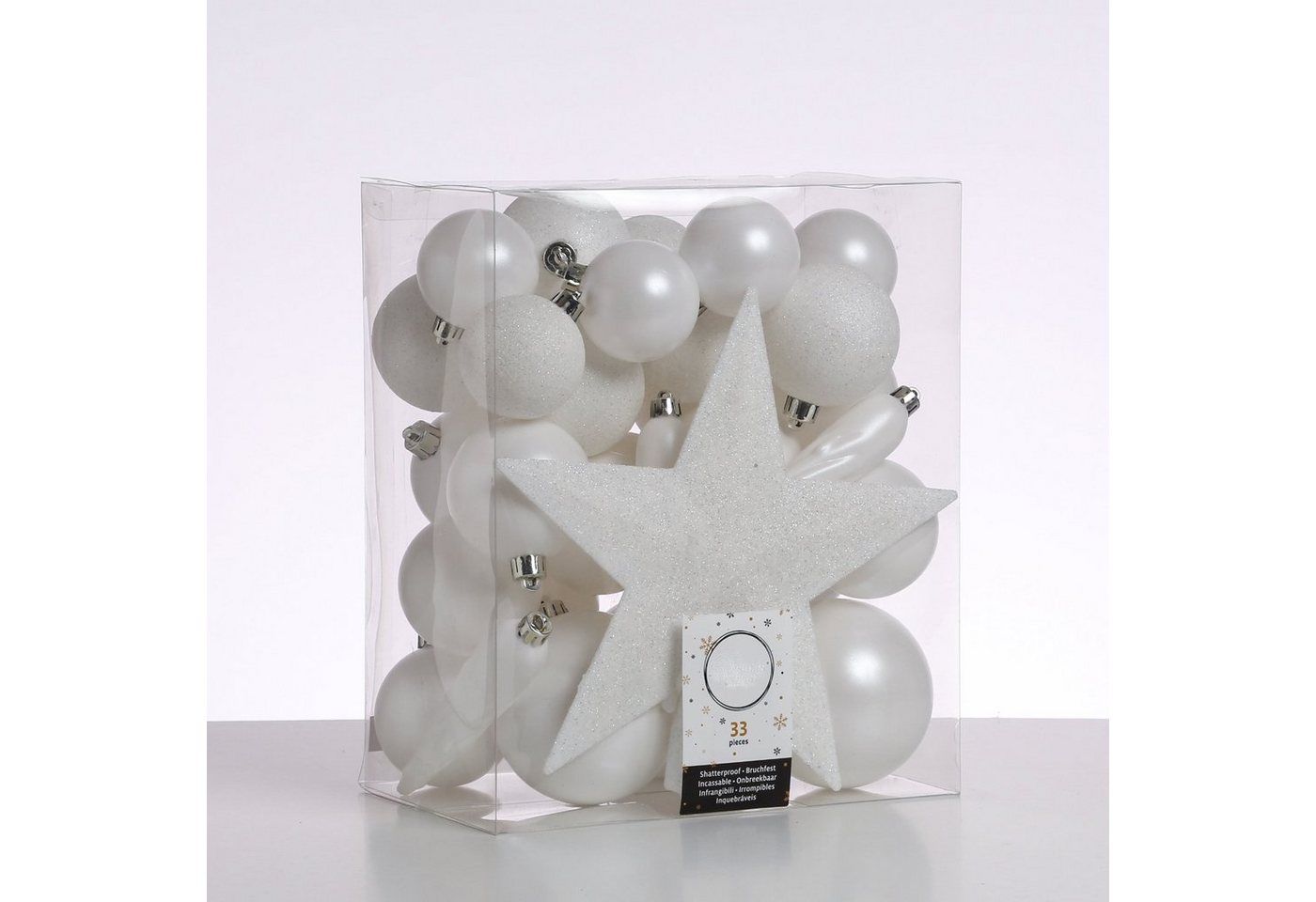 MARELIDA Weihnachtsbaumkugel Christbaumkugeln Weihnachtskugeln mit Stern Baumspitze weiß 33 Stück (33 St) von MARELIDA