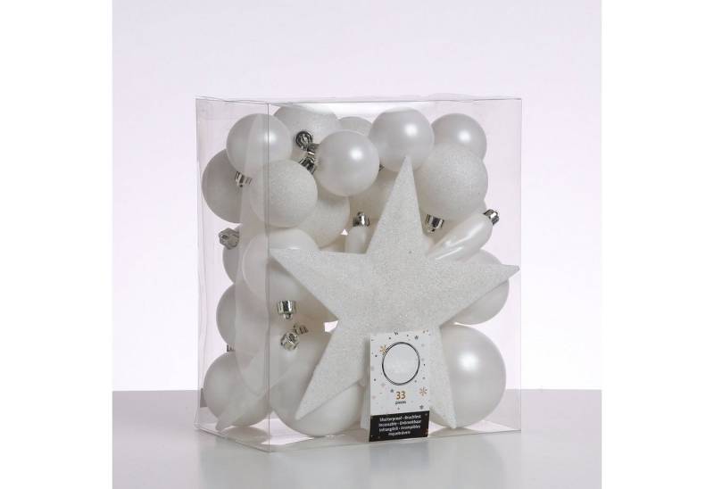 MARELIDA Weihnachtsbaumkugel Christbaumkugeln Weihnachtskugeln mit Stern Baumspitze weiß 33 Stück (33 St) von MARELIDA