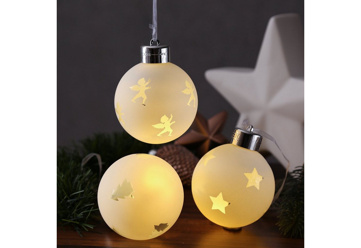 MARELIDA Weihnachtsbaumkugel LED Christbaumkugeln Weihnachtsbaumkugel Glas Engel Stern Tannen 3Stk. (3 St) von MARELIDA