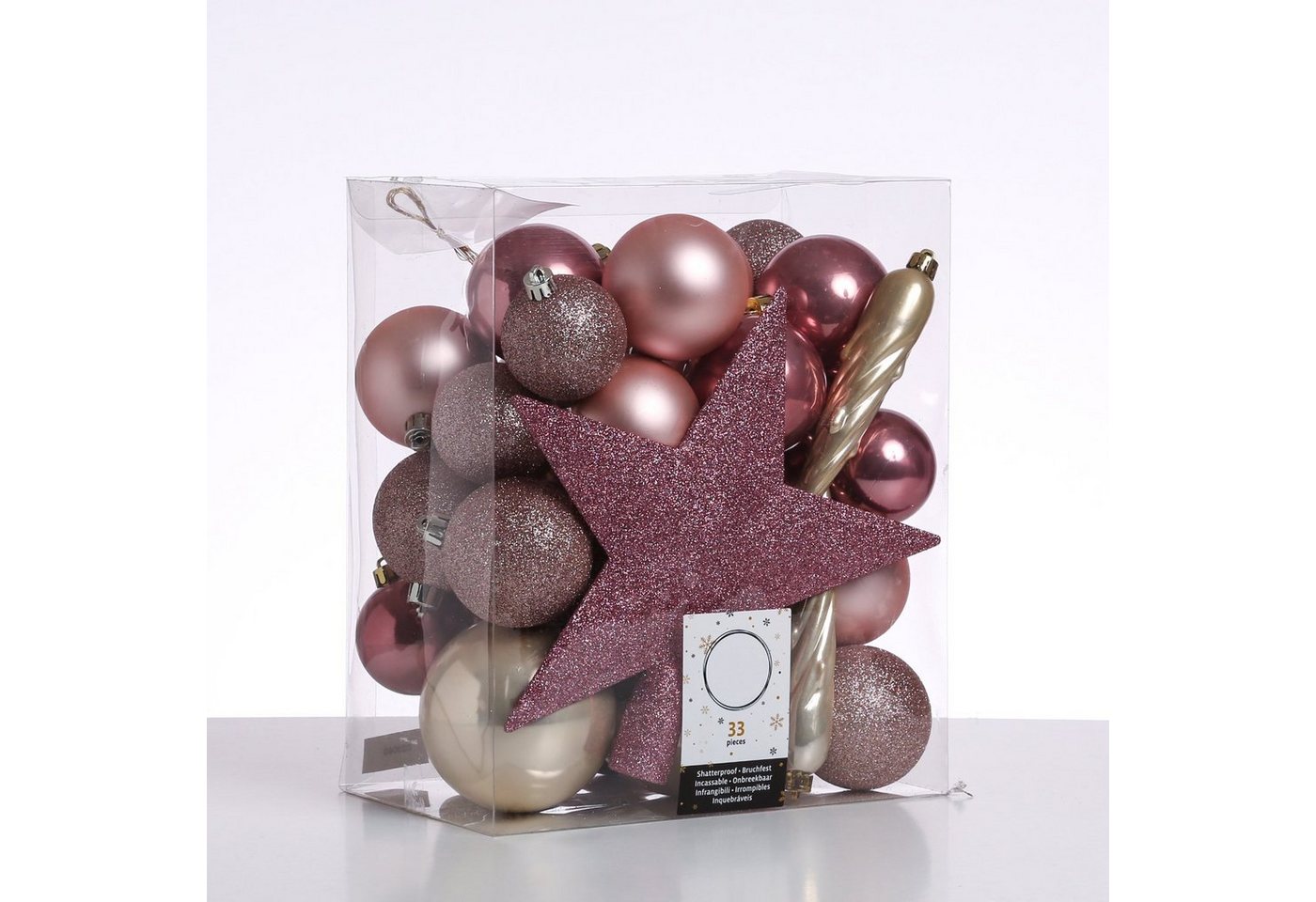 MARELIDA Weihnachtsbaumkugel Weihnachtskugel bruchfest glänzend matt glitzernd champagner rosa puderrosa 33er (33 St) von MARELIDA