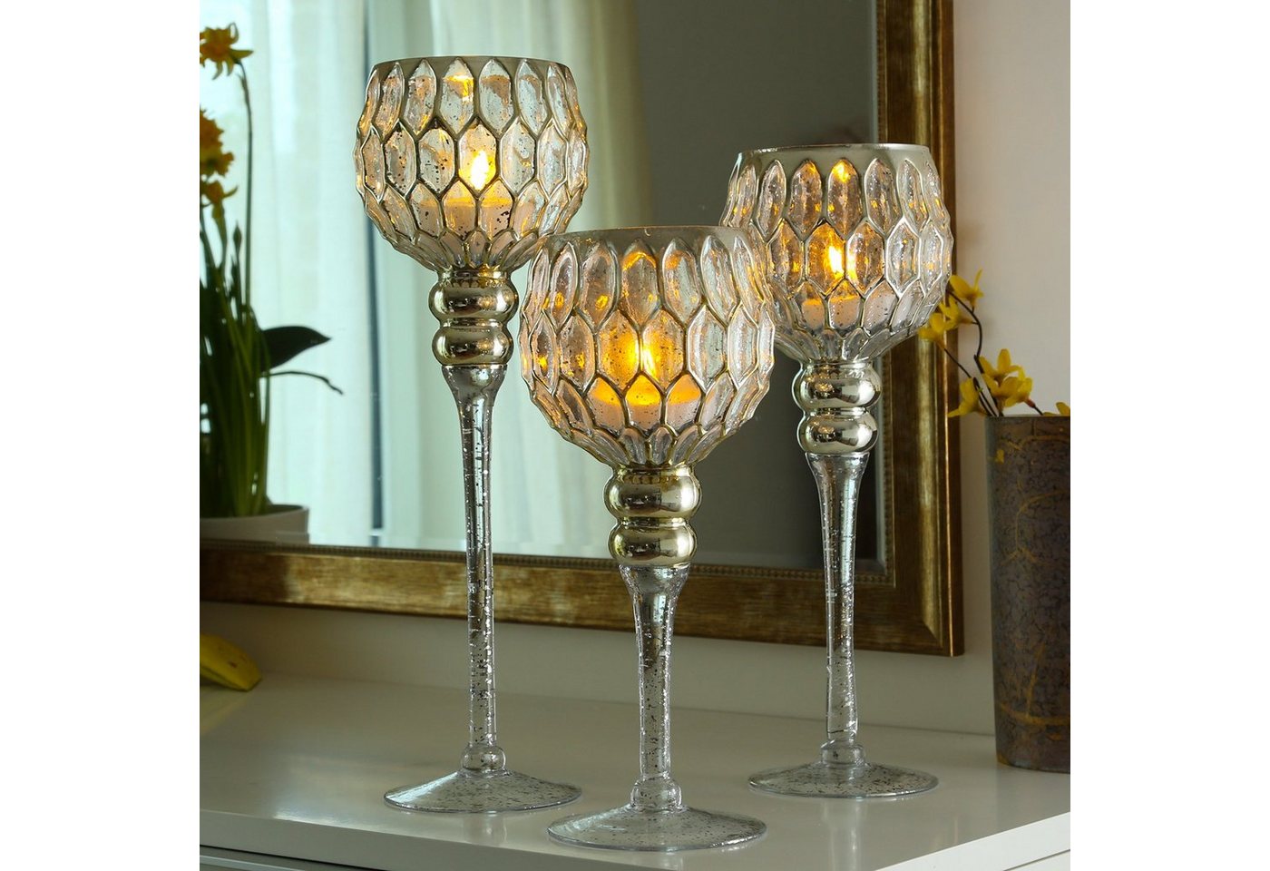 MARELIDA Windlicht Kerzenhalter Kelch Glas Windlicht H: 30,5cm/34,5cm/40cm gold 3er Set (3 St) von MARELIDA