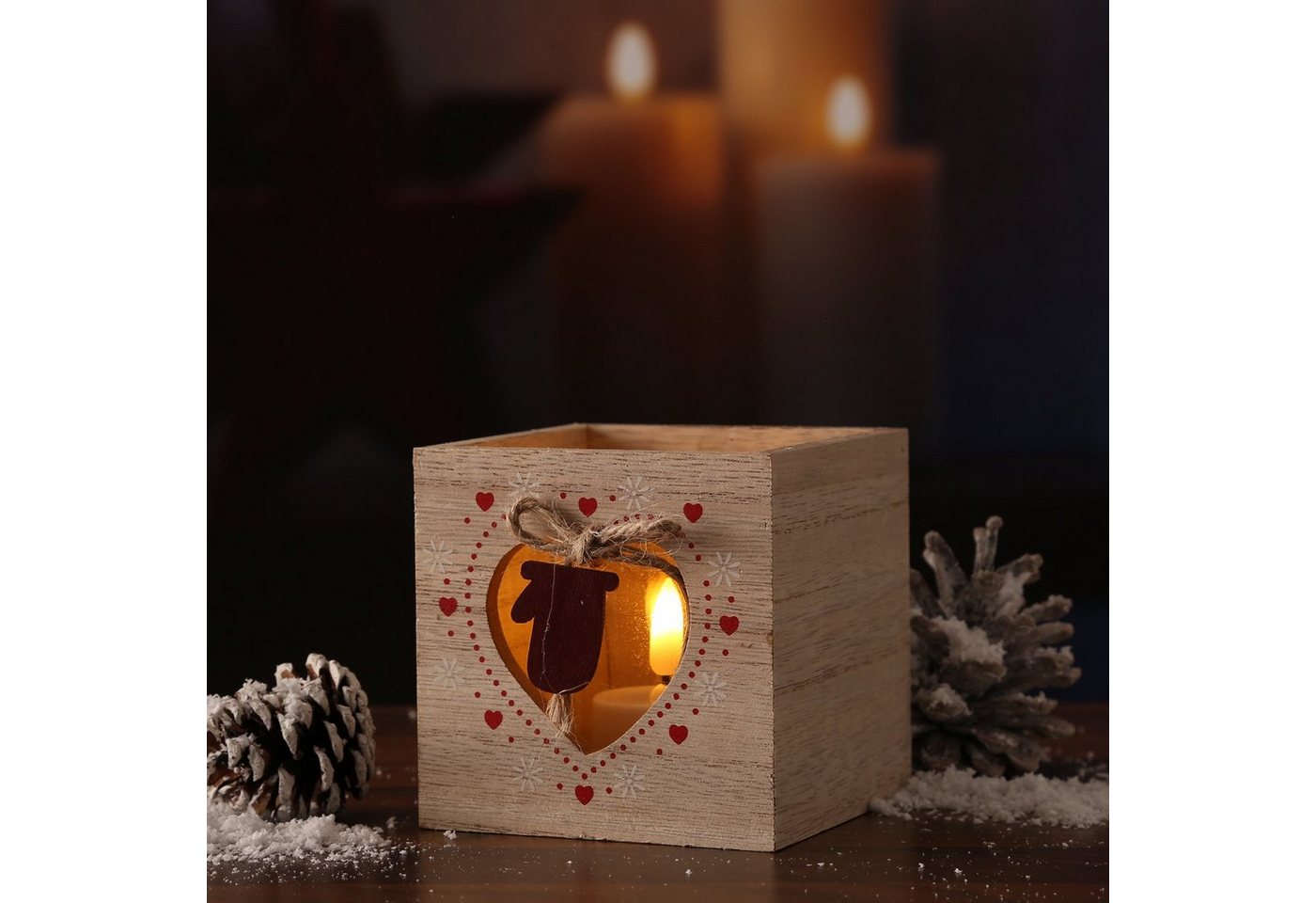 MARELIDA Windlicht Teelichthalter Handschuh Herz Motiv Windlicht Holz Glaseinsatz H: 9cm (1 St) von MARELIDA