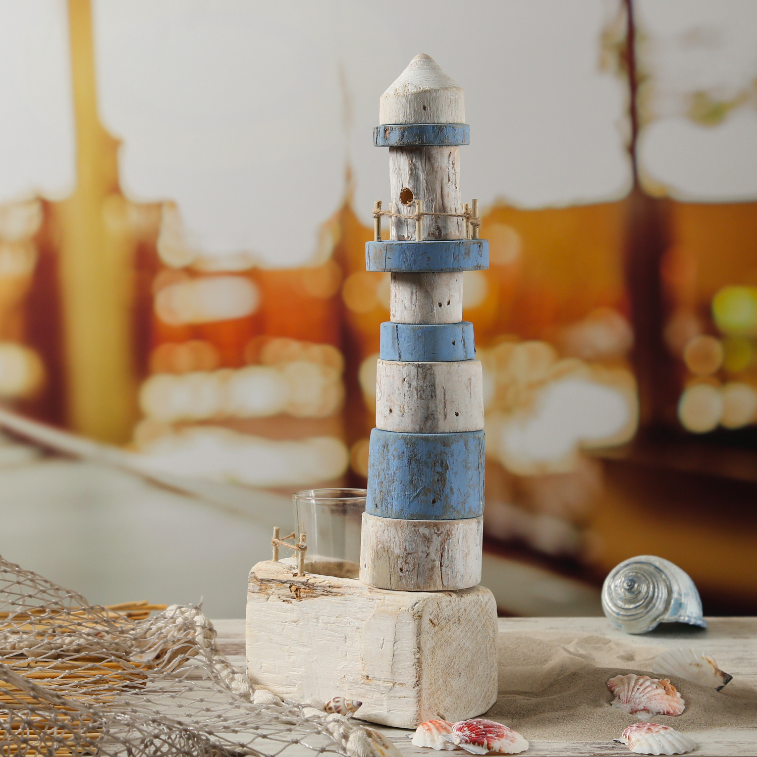 Teelichthalter Leuchtturm - Windlicht - Maritim - Holz - H: 39,5cm - weiß/blau Teelichthalter Leuchtturm - Windlicht - Maritim - Holz - H: 39,5cm - weiß/blau von MARELIDA