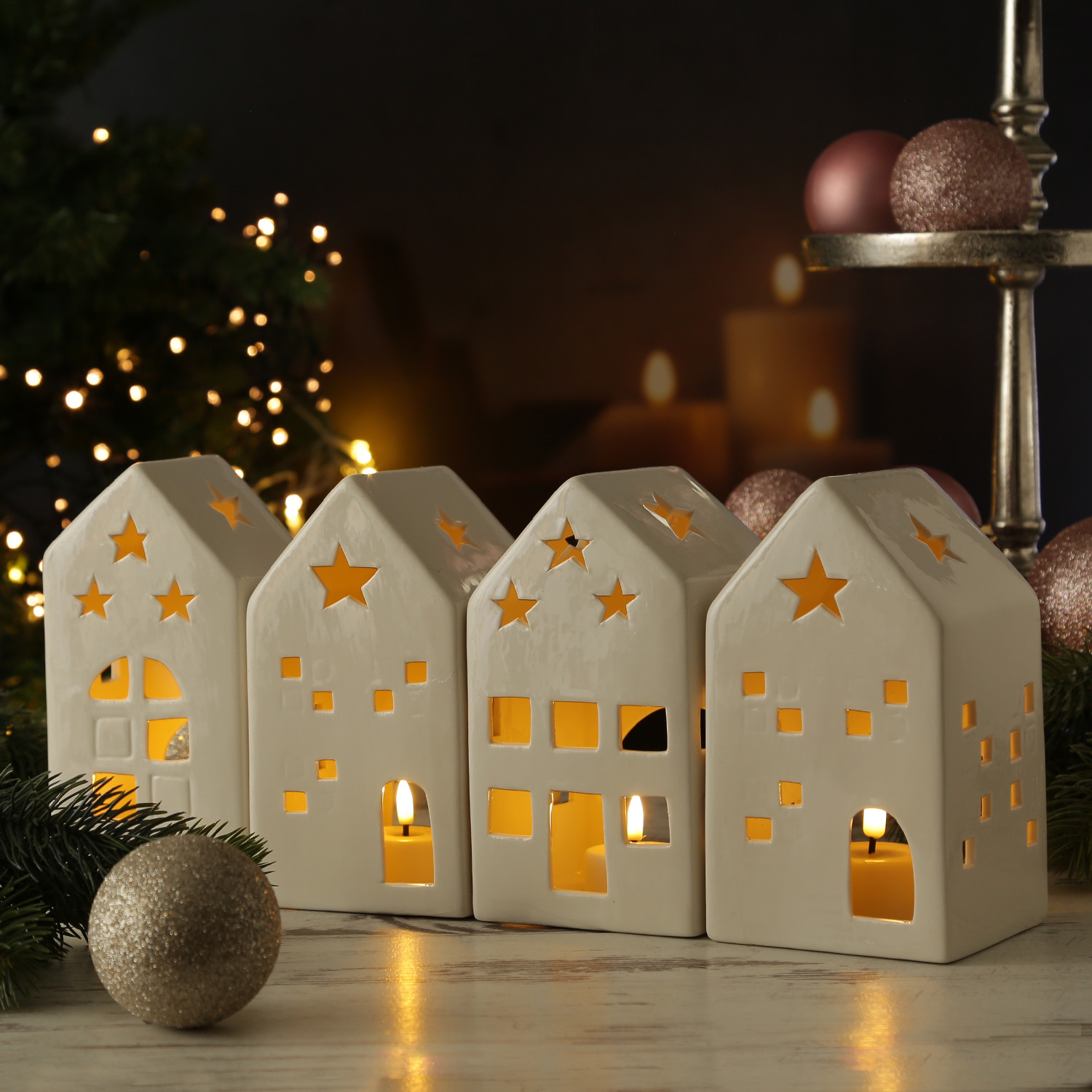 Teelichthalter Lichthäuser - Lichterdorf - Teelichthaus - Porzellan - weiß - 4er Set von MARELIDA