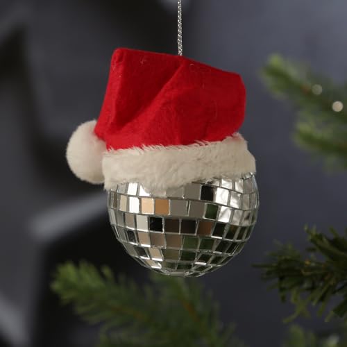 Weihnachtsbaumschmuck Discokugel Weihnachtsbaumkugel mit Nikolausmütze 4er Set (Silber 4er Set) von MARELIDA