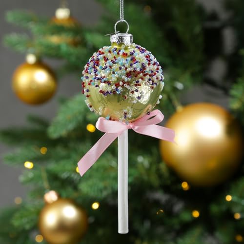 Weihnachtsbaumschmuck Lolli Cake Pop mit Zuckerperlen Glas Christbaumschmuck (Hellgelb) von MARELIDA