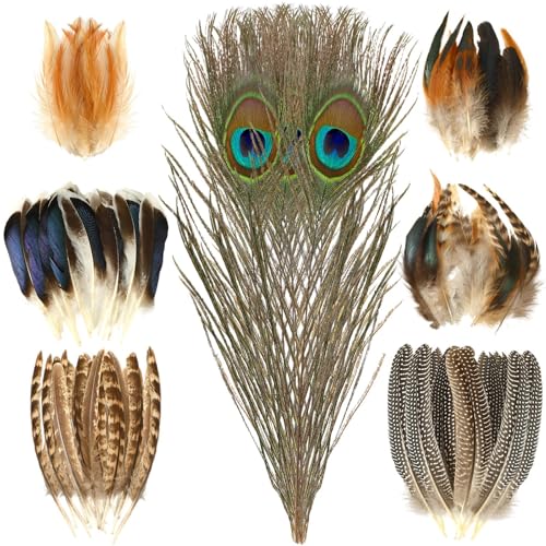 MARFOREVER 100 Pcs Natural Pheasant Feathers, 7 Styles Bulk Feathers Peacock Feathers Turkey Feathers for Crafts DIY Hat Floral Arrangements Wing Quill Wedding Home Party Decorations von MARFOREVER
