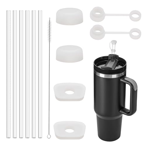 MARFOREVER Ersatz Strohhalme Set, 6 Stück Transparent Hartplastik Strohhalme 31cm Wiederverwendbare Strohhalme Lang Trinkhalme mit Silikon Stopfen Auslaufsicherer für Stanley Cup Reisebecher 40oz 30oz von MARFOREVER