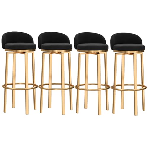 Barhocker, gepolsterte Barhocker in Thekenhöhe für Kücheninseln, Moderne drehbare Barstühle mit Rückenlehne und Goldener Fußstütze, Stühle ohne Armlehnen, Schwarz, 4 Stück von MARIYCH