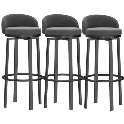 Barhocker, gepolsterte Barhocker in Thekenhöhe für Kücheninseln, Moderne drehbare Barstühle mit Rückenlehne und schwarzer Fußstütze, Stühle ohne Armlehnen, Grau, 3 Stück von MARIYCH