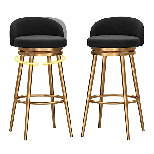 Barhocker 2er-Set, moderner drehbarer Barhocker in Pub-Höhe, hoher Esszimmerstuhl mit 360° drehbarem Samtsitz, Rückenlehne, armloser Thekenhocker, Inselhocker mit Goldener Basis, Schwarz von MARIYCH