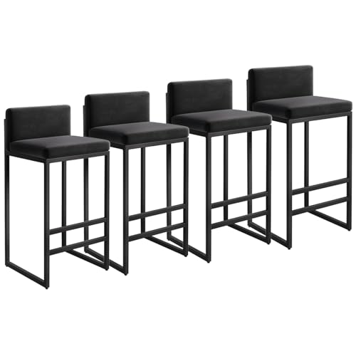Barhocker aus Samt, 4er-Set, hohe Barhocker in Schwarz mit Rückenlehne und schwarzer Fußstütze, moderner Polsterstuhl für Café, Pub, Schwarz, 65 cm von MARIYCH