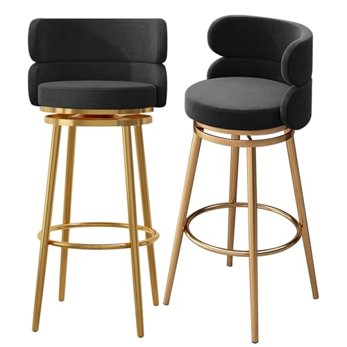 MARIYCH 360-Grad-Drehhocker, Barstühle in Barhöhe mit Samtpolsterung, Stahlbeinen und Fußstütze, Moderne Thekenhocker im 2er-Set für Küche, Pub, Bistro,Schwarz-Gold-Beine,65cm von MARIYCH