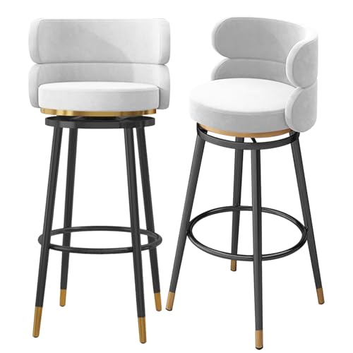 MARIYCH 360-Grad-Drehhocker, Barstühle in Barhöhe mit Samtpolsterung, Stahlbeinen und Fußstütze, Moderne Thekenhocker im 2er-Set für Küche, Pub, Bistro,Weiß-Schwarze Beine,75cm von MARIYCH