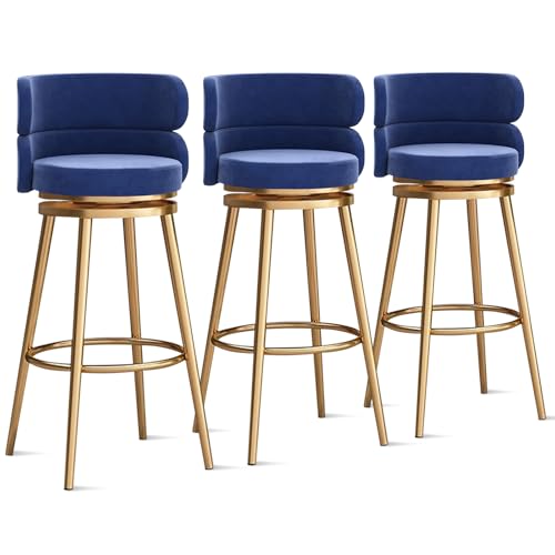 MARIYCH 360° drehbare Barhocker, Thekenhocker, Barstühle, 1er-/2er-/3er-Set, Kücheninselstuhl aus Samt mit Rückenlehne und Fußstütze aus Metall, Moderne Esszimmerstühle ohne Armlehnen, blau-goldene von MARIYCH