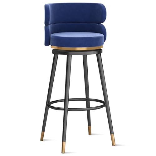 MARIYCH 360° drehbare Barhocker, Thekenhocker, Barstühle, 1er-/2er-/3er-Set, Kücheninselstuhl aus Samt mit Rückenlehne und Fußstütze aus Metall, Moderne Esszimmerstühle ohne Armlehnen, blau-Schwarze von MARIYCH