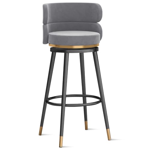 MARIYCH 360° drehbare Barhocker, Thekenhocker, Barstühle, 1er-/2er-/3er-Set, Kücheninselstuhl aus Samt mit Rückenlehne und Fußstütze aus Metall, Moderne Esszimmerstühle ohne Armlehnen, grau-Schwarze von MARIYCH