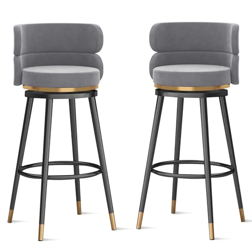 MARIYCH 360° drehbare Barhocker, Thekenhocker, Barstühle, 1er-/2er-/3er-Set, Kücheninselstuhl aus Samt mit Rückenlehne und Fußstütze aus Metall, Moderne Esszimmerstühle ohne Armlehnen, grau-Schwarze von MARIYCH