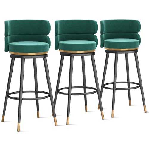 MARIYCH 360° drehbare Barhocker, Thekenhocker, Barstühle, 1er-/2er-/3er-Set, Kücheninselstuhl aus Samt mit Rückenlehne und Fußstütze aus Metall, Moderne Esszimmerstühle ohne Armlehnen, grün-Schwarze von MARIYCH
