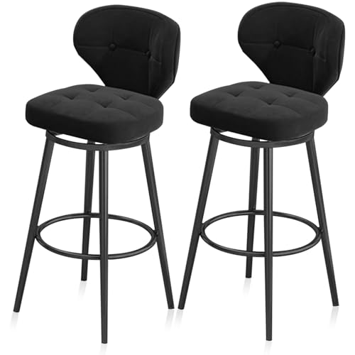 MARIYCH Barhocker aus Samt in Thekenhöhe, 2er-Set, Esszimmerstuhl, Drehbarhocker mit Metallfußstütze, Moderne gepolsterte Barstühle, Schwarz 75 cm, Schwarze Beine von MARIYCH
