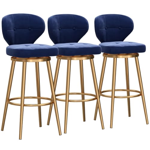 MARIYCH Drehbare Barhocker 3er-Set, 360° drehbarer Hockerstuhl mit Rückenlehne und Goldener Fußstütze, Metallhocker drehbarer gepolsterter Sitz, Metalleisenrahmen, Blau, 65 cm von MARIYCH