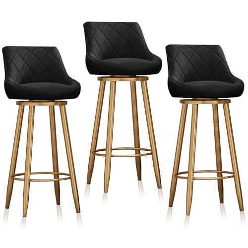 MARIYCH Drehhocker mit Rückenlehne und goldenem Metallrahmen, Barhocker in Thekenhöhe, 3er-Set, gepolsterter hoher Hocker für Kücheninsel, Esszimmer, Pub, Hausbar, Schwarz 75 cm von MARIYCH
