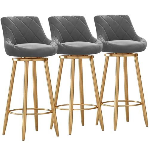 MARIYCH Moderne Barhocker aus Samt, 3er-Set – Moderne Drehstühle in Thekenhöhe mit gepolsterter Rückenlehne, Barstuhl mit Goldener Metallfußstütze für Kücheninsel/Esszimmer, Grau, 65 cm von MARIYCH