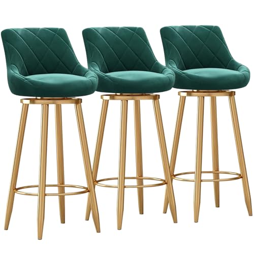 MARIYCH Moderne Barhocker aus Samt, 3er-Set – Moderne Drehstühle in Thekenhöhe mit gepolsterter Rückenlehne, Barstuhl mit Goldener Metallfußstütze für Kücheninsel/Esszimmer, Grün, 65 cm von MARIYCH