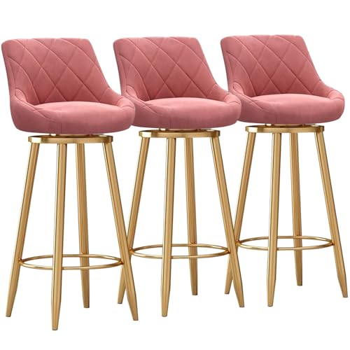 MARIYCH Moderne Barhocker aus Samt, 3er-Set – Moderne Drehstühle in Thekenhöhe mit gepolsterter Rückenlehne, Barstuhl mit Goldener Metallfußstütze für Kücheninsel/Esszimmer, Pink, 65 cm von MARIYCH