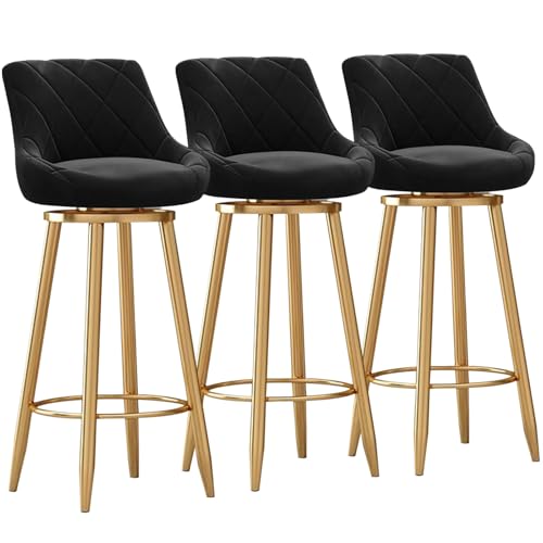 MARIYCH Moderne Barhocker aus Samt, 3er-Set – Moderne Drehstühle in Thekenhöhe mit gepolsterter Rückenlehne, Barstuhl mit Goldener Metallfußstütze für Kücheninsel/Esszimmer, Schwarz, 65 cm von MARIYCH