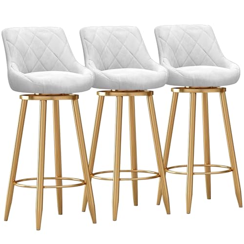 MARIYCH Moderne Barhocker aus Samt, 3er-Set – Moderne Drehstühle in Thekenhöhe mit gepolsterter Rückenlehne, Barstuhl mit Goldener Metallfußstütze für Kücheninsel/Esszimmer, Weiß, 75 cm von MARIYCH