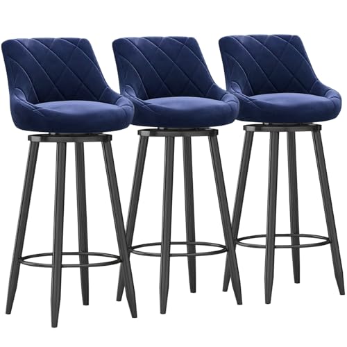 MARIYCH Moderne Barhocker aus Samt, 3er-Set – Moderne Drehstühle in Thekenhöhe mit gepolsterter Rückenlehne, Barstuhl mit schwarzer Metallfußstütze für Kücheninsel/Esszimmer, Blau, 75 cm von MARIYCH