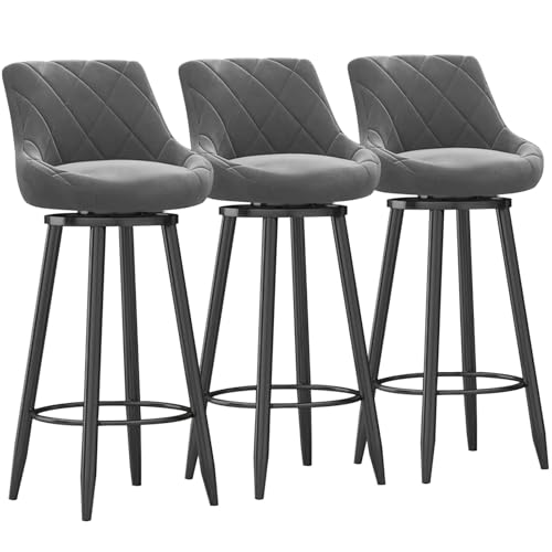 MARIYCH Moderne Barhocker aus Samt, 3er-Set – Moderne Drehstühle in Thekenhöhe mit gepolsterter Rückenlehne, Barstuhl mit schwarzer Metallfußstütze für Kücheninsel/Esszimmer, Grau, 75 cm von MARIYCH