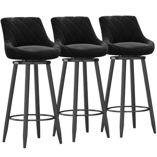 MARIYCH Moderne Barhocker aus Samt, 3er-Set – Moderne Drehstühle in Thekenhöhe mit gepolsterter Rückenlehne, Barstuhl mit schwarzer Metallfußstütze für Kücheninsel/Esszimmer, Schwarz, 65 cm von MARIYCH