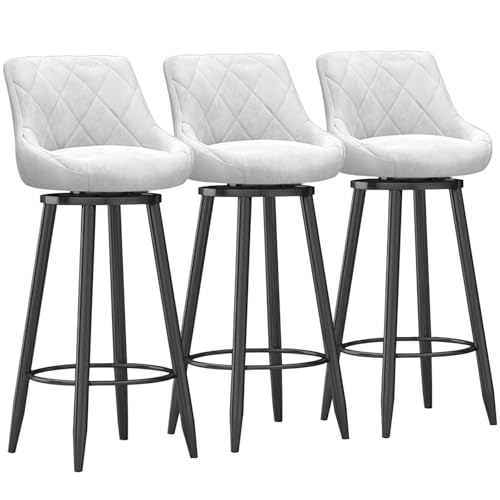 MARIYCH Moderne Barhocker aus Samt, 3er-Set – Moderne Drehstühle in Thekenhöhe mit gepolsterter Rückenlehne, Barstuhl mit schwarzer Metallfußstütze für Kücheninsel/Esszimmer, Weiß, 75 cm von MARIYCH