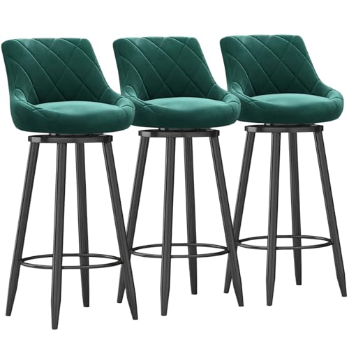 MARIYCH Moderne Barhocker aus Samt, 3er-Set – Moderne Drehstühle in Thekenhöhe mit gepolsterter Rückenlehne, Barstuhl mit schwarzer Metallfußstütze für Kücheninsel/Esszimmer,Grün,75cm von MARIYCH