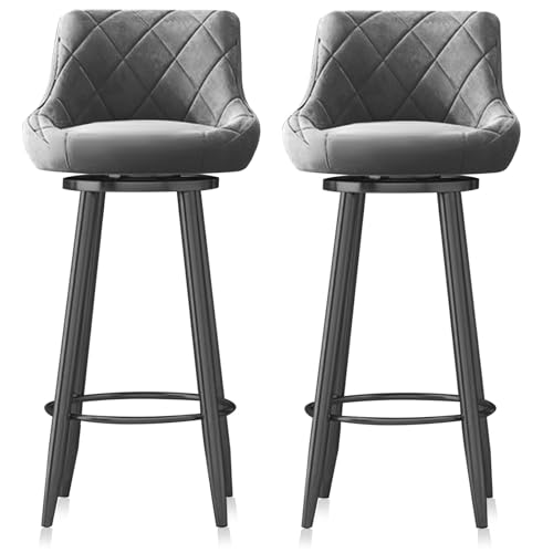 MARIYCH Moderne Barhocker in Thekenhöhe mit Rückenlehne, Barhocker-Set mit 2 gepolsterten Esszimmerstühlen, schwarzer Fußstütze und Metallbeinen, Drehstuhl für Kücheninsel, Hausbar, Grau, 65 cm von MARIYCH