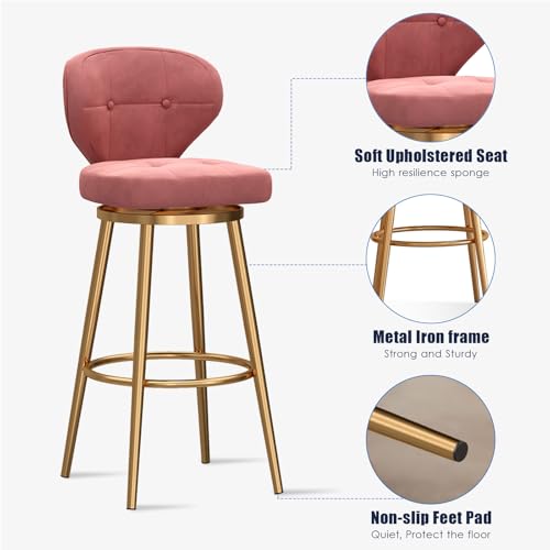 MARIYCH Moderner Drehhocker in Thekenhöhe, Barhocker aus Samt, 1er-Set – Esszimmerhocker mit goldenem Rückenlehnenrahmen für Kücheninsel, Esszimmer, Café, Pub, Pink, 75 cm von MARIYCH