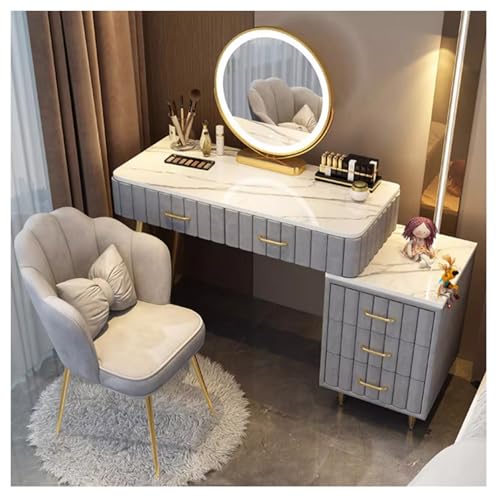 MARIYCH Moderner Frisiertisch mit Spiegel und Beleuchtung | Kleines Schminktisch-Set mit verstellbarem Schrank und 5 Schubladen | Schminktisch für kleine Räume und Schlafzimmer, 100 cm, Grau von MARIYCH