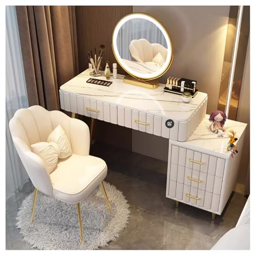 MARIYCH Moderner Frisiertisch mit Spiegel und Beleuchtung | Kleines Schminktisch-Set mit verstellbarem Schrank und 5 Schubladen | Schminktisch für kleine Räume und Schlafzimmer, 80 cm, Weiß von MARIYCH