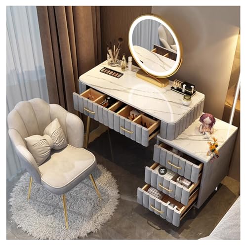 MARIYCH Moderner Kleiner Schminktisch mit Spiegel und Beleuchtung | Schminktisch-Set mit verstellbarem Schrank und 5 Schubladen | Frisiertisch für kleine Räume und Schlafzimmer, 80 cm, Grau von MARIYCH