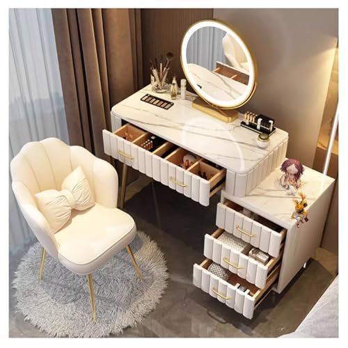 MARIYCH Moderner Kleiner Schminktisch mit Spiegel und Beleuchtung | Schminktisch-Set mit verstellbarem Schrank und 5 Schubladen | Frisiertisch für kleine Räume und Schlafzimmer, 80 cm, Weiß von MARIYCH