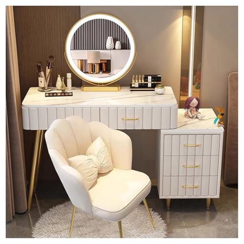 MARIYCH Moderner Kleiner Schminktisch mit Spiegel und Beleuchtung | Schminktisch mit verstellbarem Nachttisch und 5 Schubladen | Frisiertisch für das Schlafzimmer, 100 cm, Weiß MARIYCH Moderner Kleiner Schminktisch mit Spiegel und Beleuchtung | Schminktisch mit verstellbarem Nachttisch und 5 Schubladen | Frisiertisch für das Schlafzimmer, 100 cm, Weiß von MARIYCH