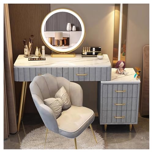 MARIYCH Moderner Kleiner Schminktisch mit Spiegel und Beleuchtung | Schminktisch mit verstellbarem Nachttisch und 5 Schubladen | Frisiertisch für das Schlafzimmer, 80 cm, Grau von MARIYCH