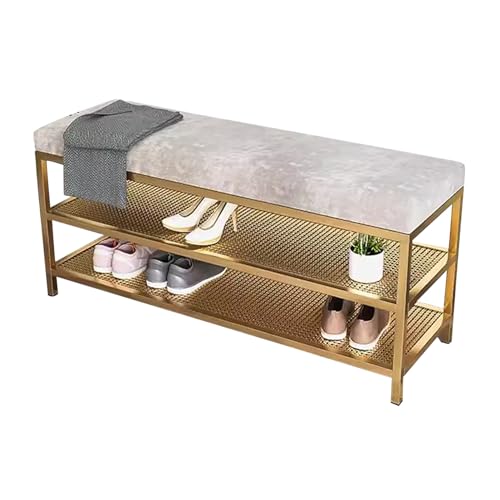 MARIYCH Samt-Schuhregalbank, Moderne gepolsterte Eingangsbank, 3-stufige Bettbank mit goldenem Metallrahmen, 2-in-1-Ottomane-Bank für Schlafzimmer von MARIYCH