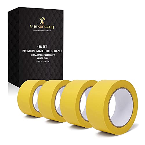 MARKENZEUG PVC Tape I Maler-Klebeband I Malerkrepp mit hoher Klebekraft I Gewebeklebeband für alle Oberflächen I Innen- & Außenarbeiten I UV-Beständigkeit I 4 Rollen gelb I 50mm Breite I 120m lang von MARKENZEUG