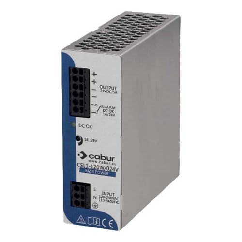 Cabur® Einphasiges Netzteil (85–264 V/DC100–370 V)→24V/5A • 40×115×115 mm • Eff.85% PF>0.65 • Isol.3KVac • Temp -20°+70°C • Gehäuse Aluminium • Fus.T3.15A Hutschiene • Easy Power • XCSL1120W024VAA von MARKETCONNECT
